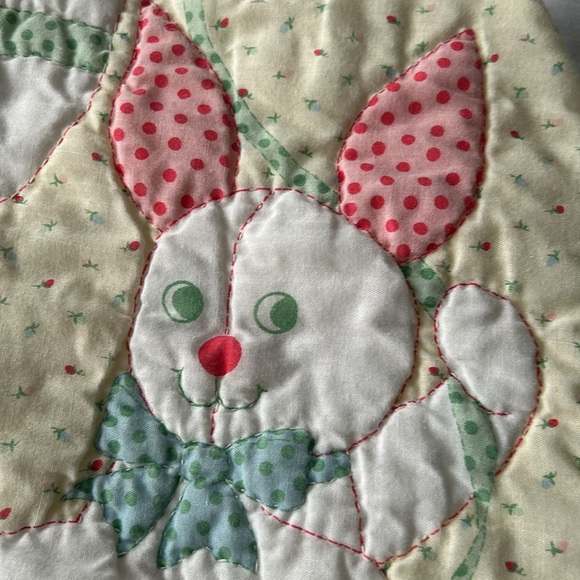 Vintage Nursery Baby Quilt Featuring Bear Cat Dog And Rabbit Rocking Horse Trim - Picture 15 of 16